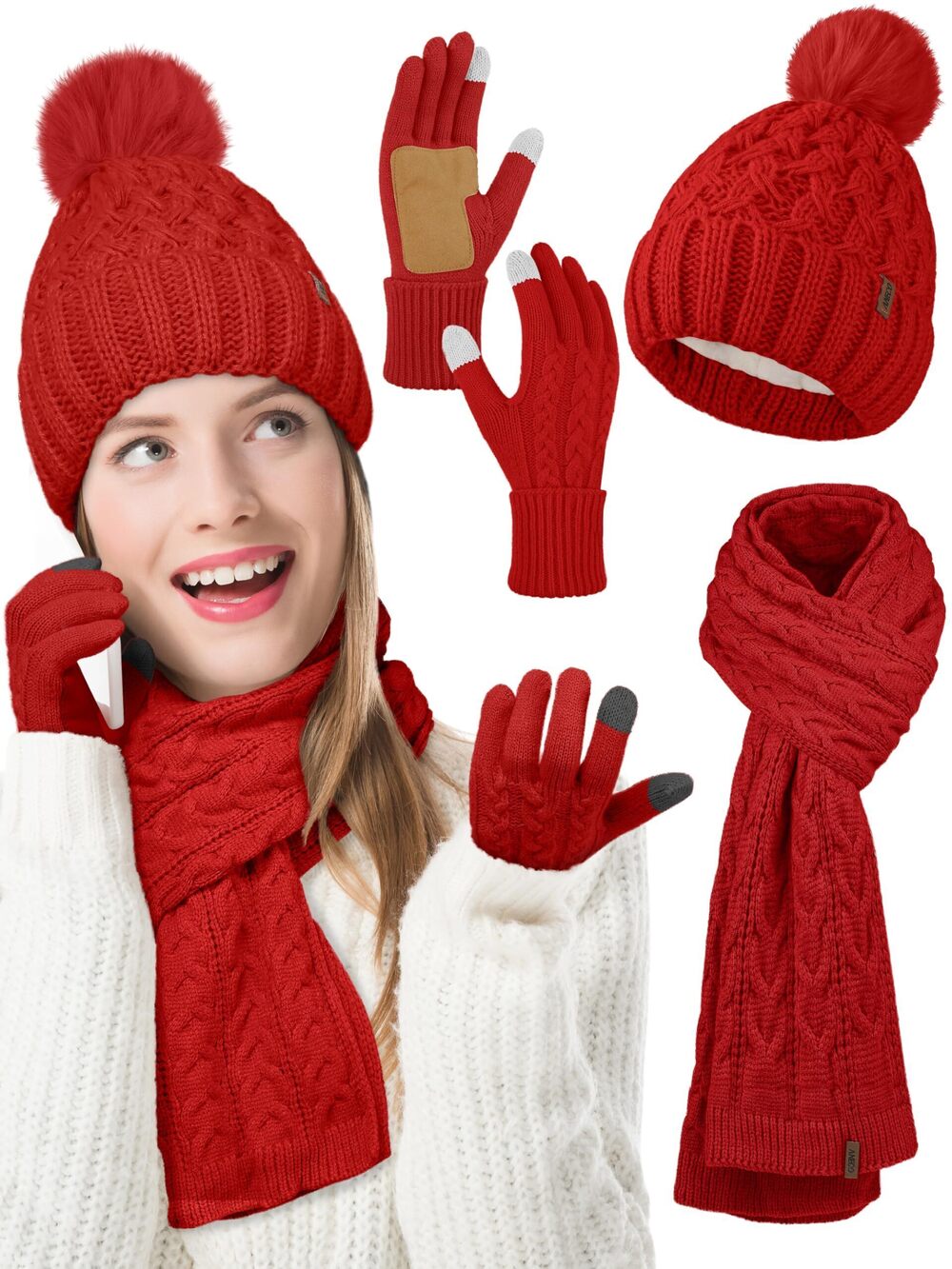 7813 Winter Beanie Hat Scarf Gloves with Pom Pom Fleece Lined Touchscreen